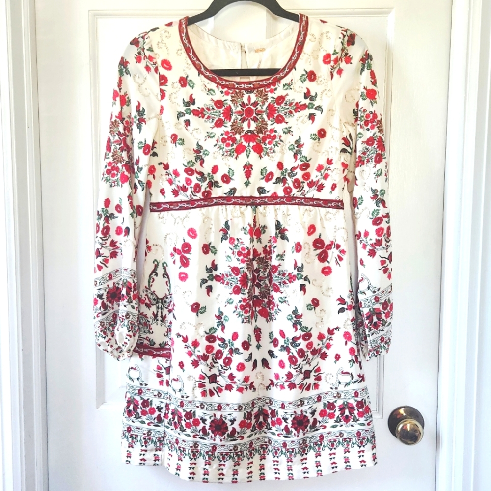 Free People White & Red "Russian Doll" Babydoll Gathered Cuff Long Sleeve Dress
